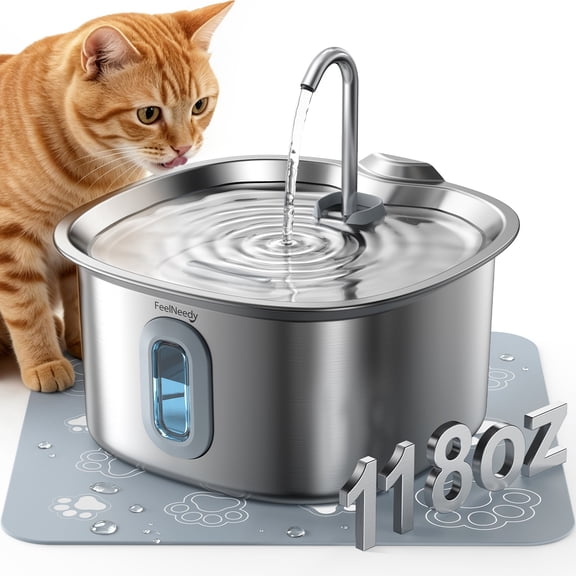 FeelNeedy Cat Water Fountain Stainless Steel, 118oz/3.5L Automatic Pet Water Fountain with Filter and Waterproof Mat