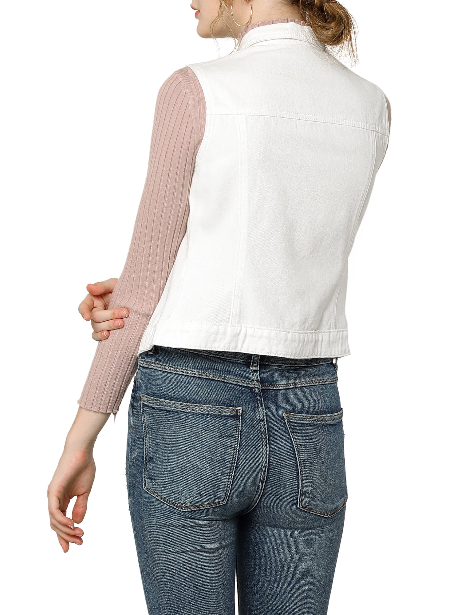 DARING DIVA Women's Denim Sleeveless Flap Pockets Vest Jacket L White