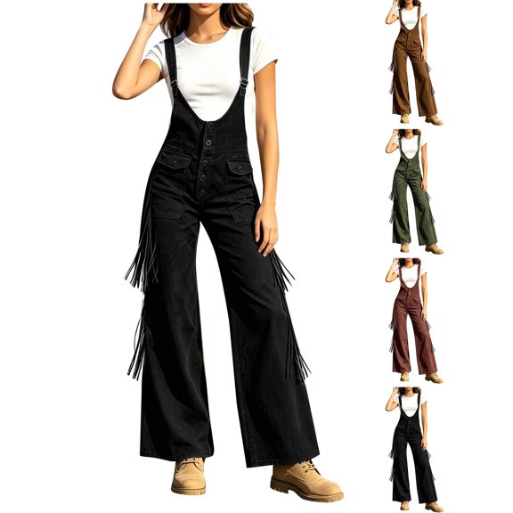 qucoqpe Overalls for Women Vintage Western Cargo Sleeveless Tassel Jumpsuits High Waisted Wide Leg Fringe Romper with Pockets Adjustable Straps