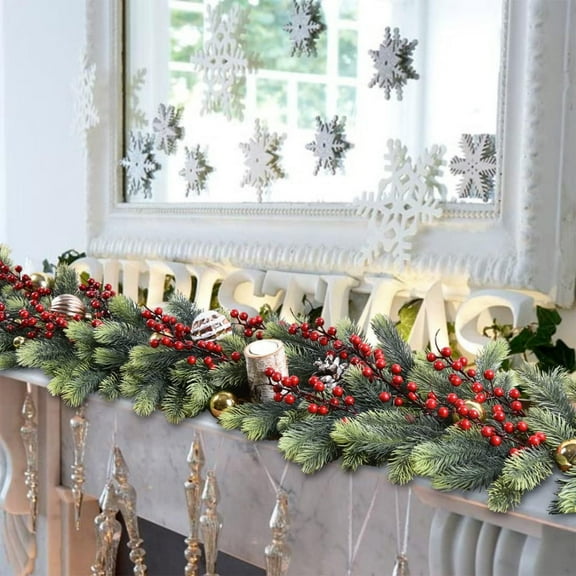 Deeceymbur 78.74in Christmas Rattan Garland with Soft Touch Needles Easy to Match Wreath Berry Decoration Setup