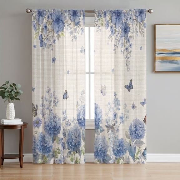 Blue Hydrangea Sheer Curtains 63 Inches Long, Farmhouse Floral Butterflies Rustic Beige Light Filtering Window Curtains for Living Room, Rod Pocket Voile Sheer Curtain Drapes, 52"W x 63"L, 2 Panels