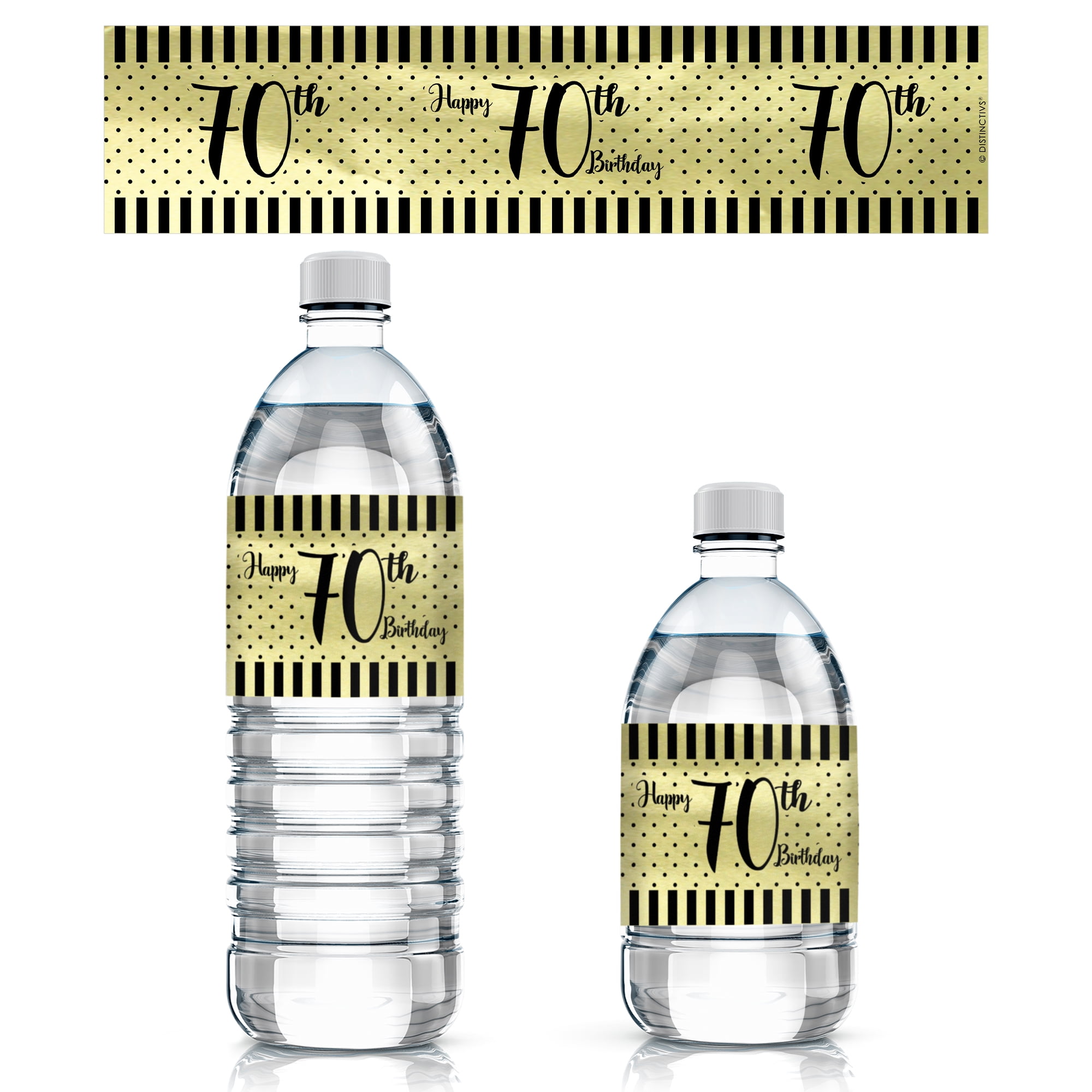Black and Gold 70th Birthday Water Bottle Labels - 70th Birthday Party Favors - 24 Wrappers - Distinctivs