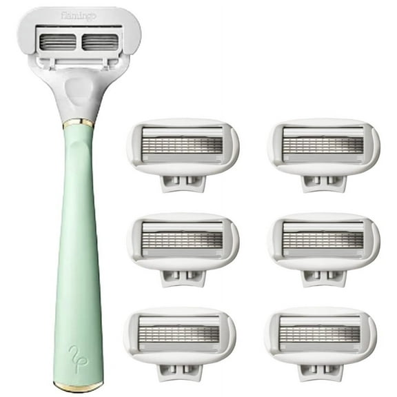 Flamingo 5-Blade Women's Razor: 1 Mint & Gold Razor Handle   6 Razor Blade Refills Cartridges, BULK