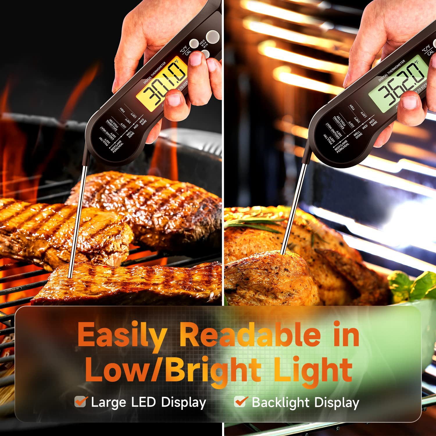 Real time reading of meat thermometer numbers , Food Thermometer for Cooking Kitchen Gadgets, Oven Grill Candy BBQ Essentials Accessories, Gifts for Him Dad Men
