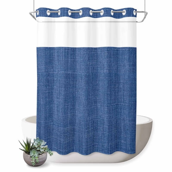 No Hook Shower Curtain, Navy Blue Shower Curtains for Bathroom with See Through Top Window, Vintage Country Monochrome Farmhouse Waterproof & Washable Bath Curtain 60"x72"
