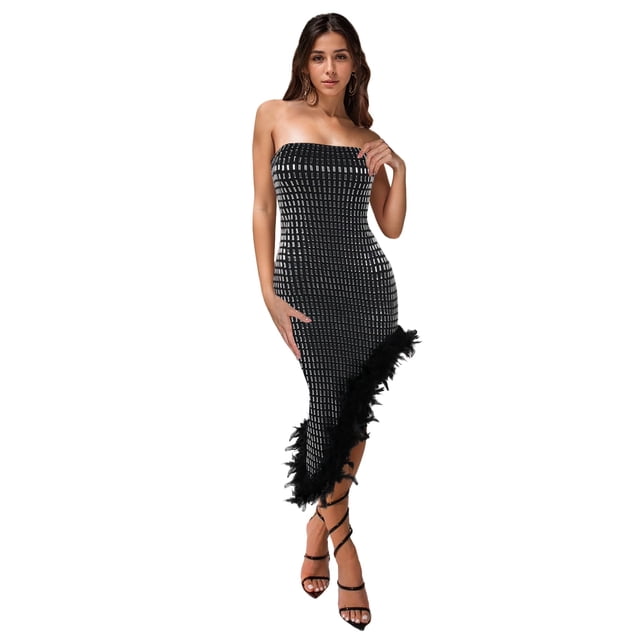 Vestido PORRCEY Hot Drilling Craft con hombros descubiertos, color negro