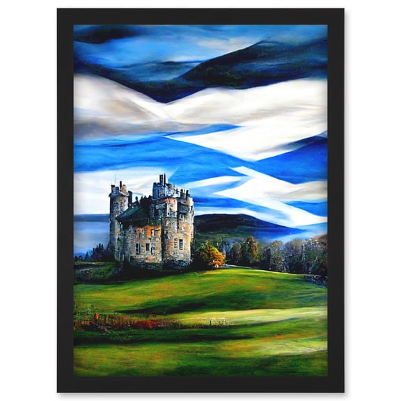 Modern Oil Paint Doune Scottish Castle Saltire Sky Artwork Framed Wall Art Print A4