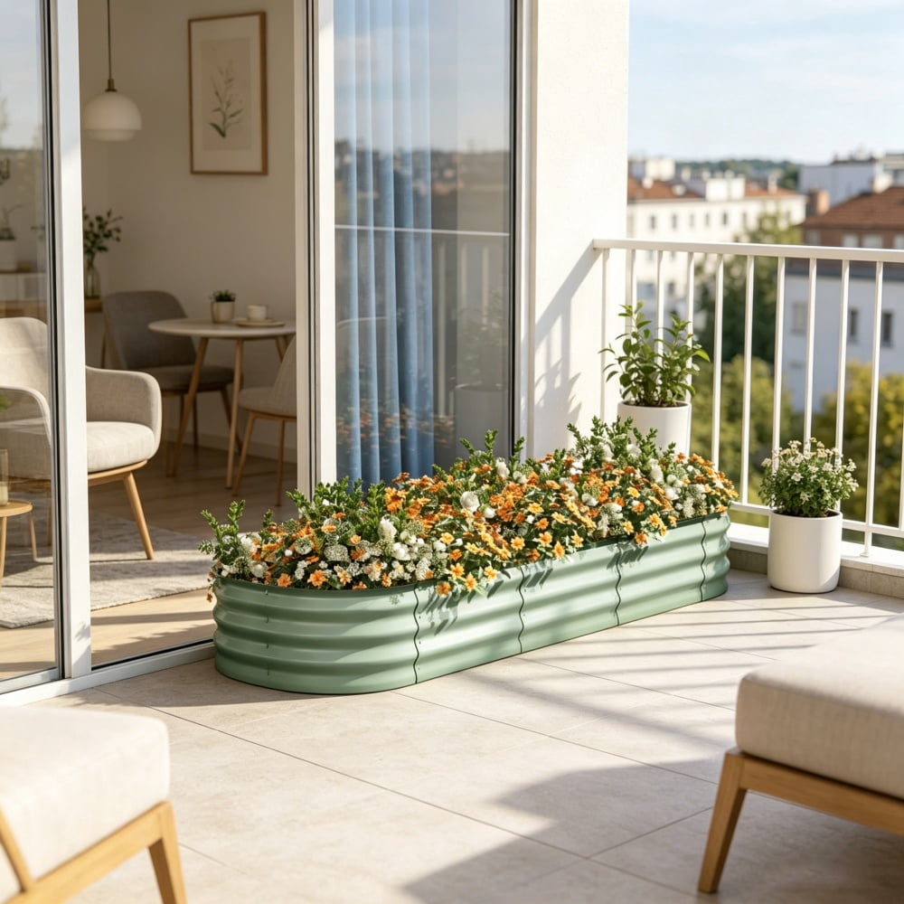 Green Galvanized Steel Raised Garden Bed, Modular Open-Bottom Planter with Rubber-Sealed Edge for Outdoor Gardening