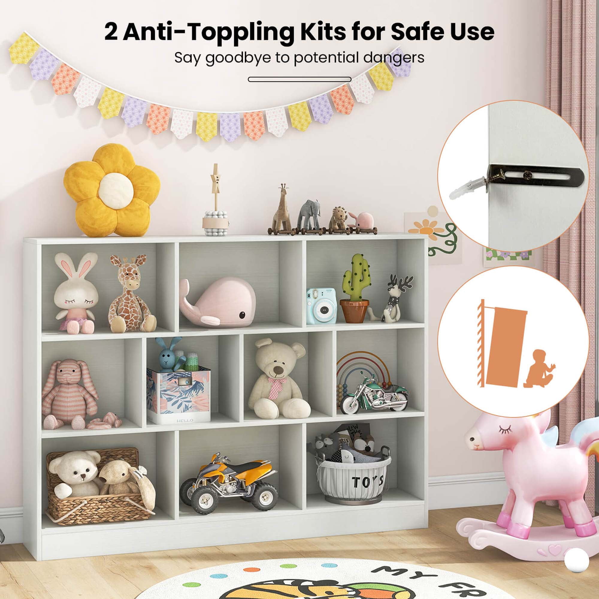 Costway 10-Cube Bookcase 41" Wooden Toy Storage Organizer for Kids Bookshelf White