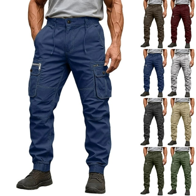 DIOAZUD Mens Cargo Construction Pants Cinch Bottom Multi Pockets Cargo Joggers Solid Color Big and Tall Lightweight Work Pant