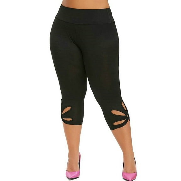 Enwejyy Women's Plus Size Stretch Hollow Out Solid High Waist Running Sport Skinny Capri Leggings