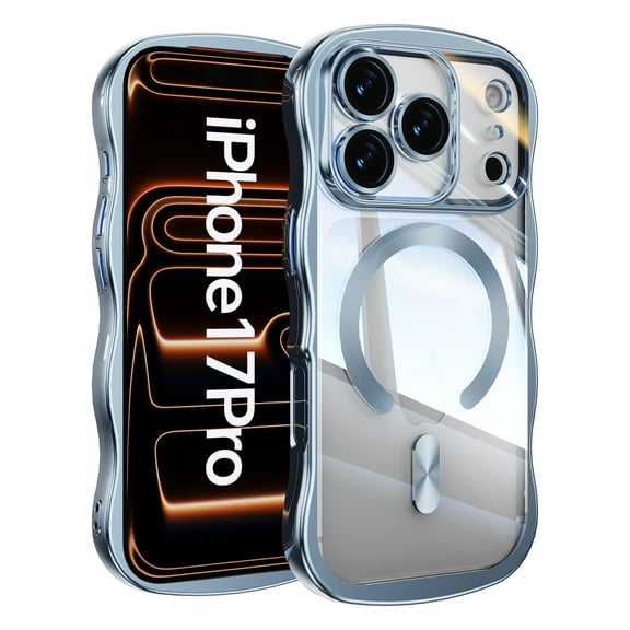 Allytechgroup for iPhone 17 Pro Case Magnetic, Compatible with Magsafe Clear Back Cover Wave Curly Stylish Frame Case for Women Men Lightweight Flexible TPU Case for iPhone 17 Pro, Blue