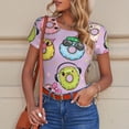 thumbnail image 4 of KLL Women 's Crew Neck Bodysuit Jumpsuits Cartoon Donuts Print Short onesies Stretch T Shirts, 4 of 5