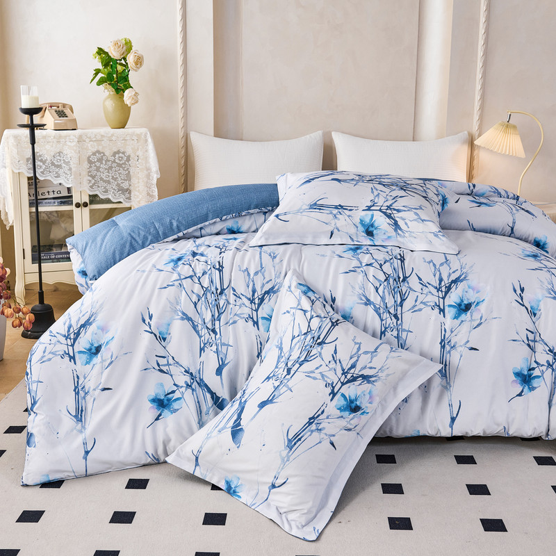 Koniroom 3Pcs Blue Blossom Comforter Set Queen Size, Blue Flower Branch on White Bedding Sets for Women