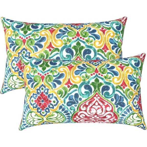 Outdoor Lumbar Pillow Covers Only Set of 2 Patio Decorative Pillow Cases, Water Repellent Lumbar Cushion Cases for Sofa, Patio Couch Garden Use, 12x20 Inch, Damask Red