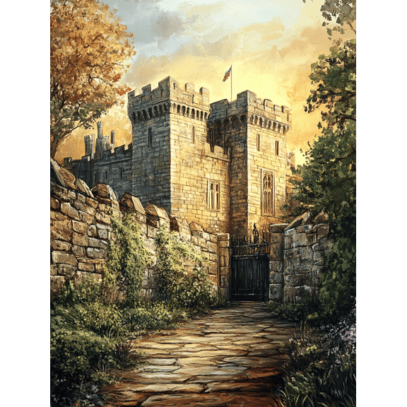 Stone Castle Sunset Canvas Wall Art, Suitable for Living Room, Bedroom, Office, Dining Room, and Hallway Decoration.