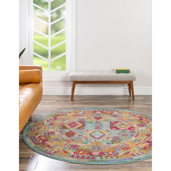 3.25' Blue and Red Geometric Round Area Throw Rug