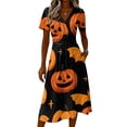 thumbnail image 4 of Womens Halloween Dresses Spider Webeb Bat Short Sleeve Funny Midi Dresses Pumpkin V Neck Horror Dresses, 2XL, 4 of 5
