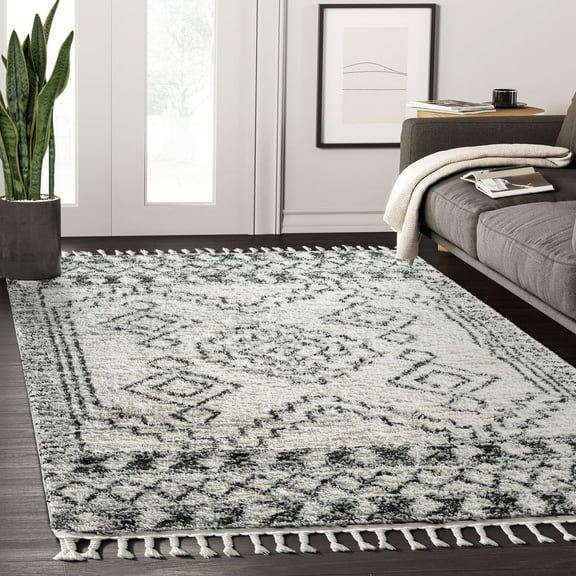 Abani Willow Collection Shag 5' x 8' Ivory Grey Geometric Area Rug