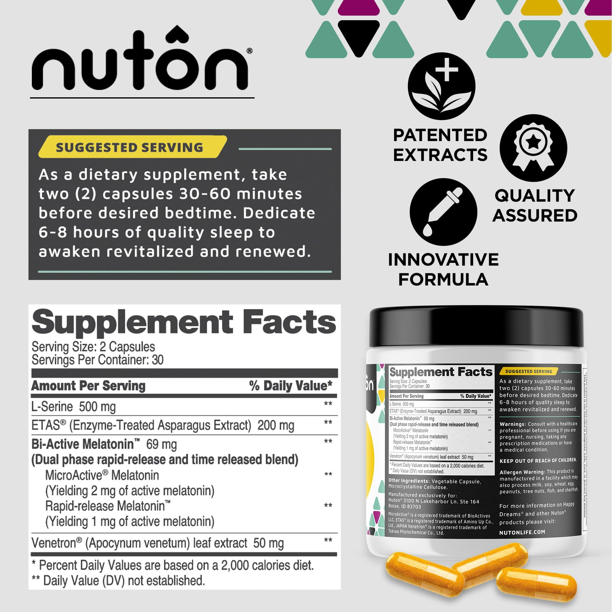 Nuton Happy Dreams Sleep Supplement - Natural Sleep Aids for Adults, Time Release Melatonin, ETAS Asparagus & Venetron Extract, Rest Support Supplement, Natural Aid for Adults, 60 Veggie Capsules