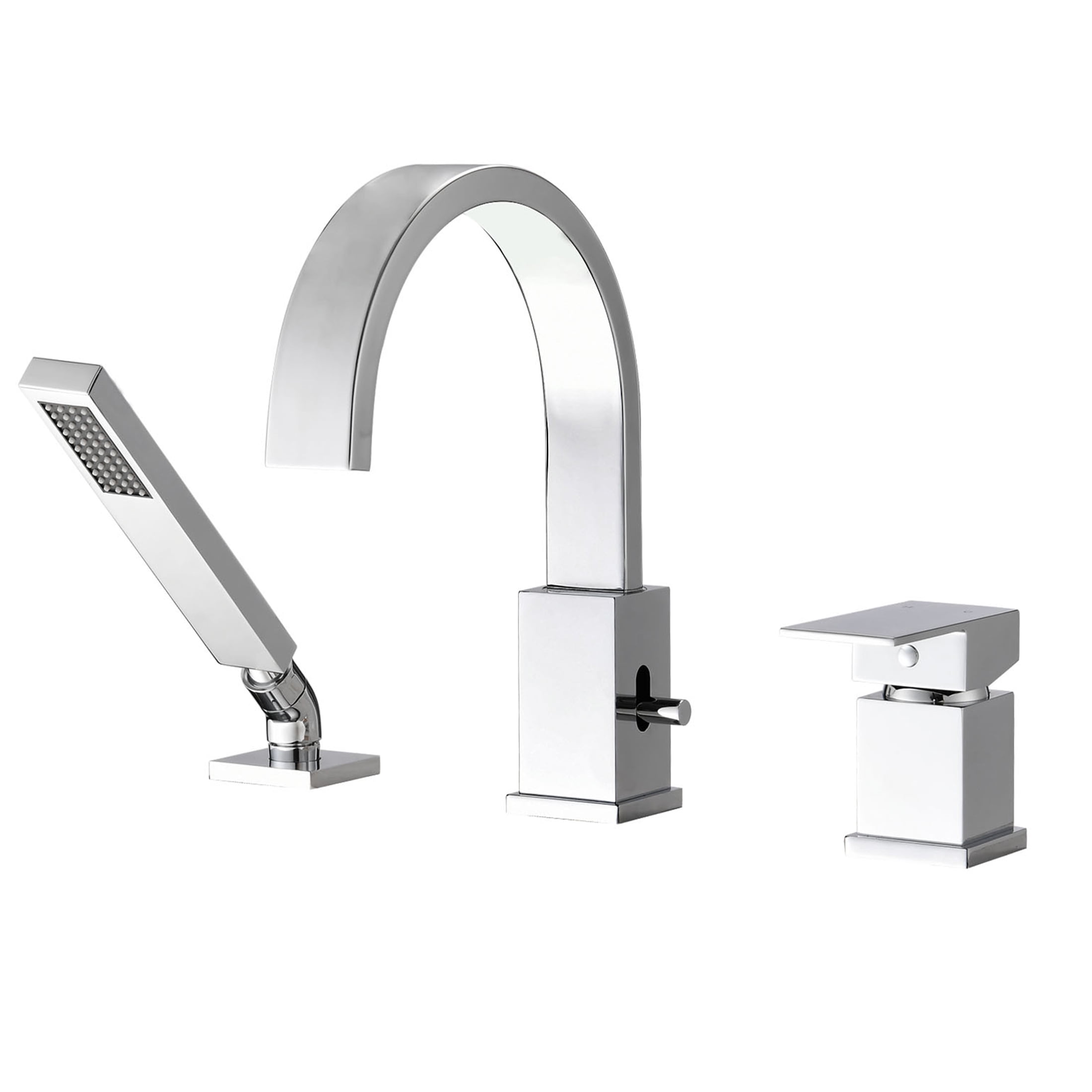 JERFIT Chrome 3-Hole Waterfall Roman Tub Filler Set with Handheld Shower, Deck Mount Stainless Steel Bathtub Faucet