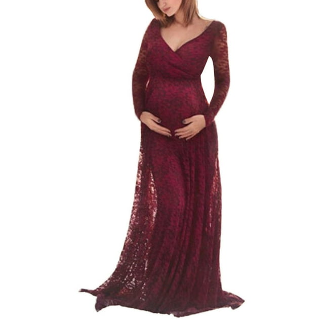 Ketyyh-chn99 Robe de Maternité en Tulle Femmes Robe de Photographie de Maternité Robe Longue en Dentelle pour Mère Robe de Grossesse Rouge Vin,G