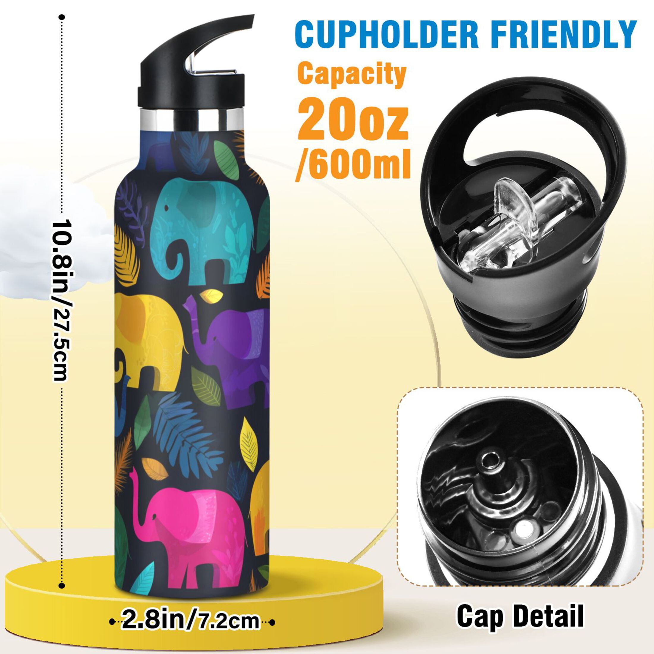 600ML Stainless Steel Insulated Cup Sports Water Bottle Portable Thermos Cup Water Glasses Insulated Tumblers Convenient and Durable Cute Colorful Elephant
