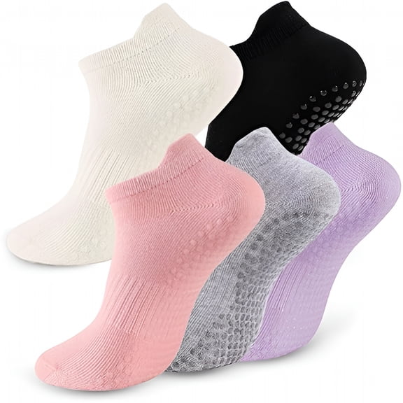 TELOLY 5 Pairs Pilates Socks with Grips for Women Non Slip Grip Yoga Crew Socks for Barre Hospital Barefoot Workout