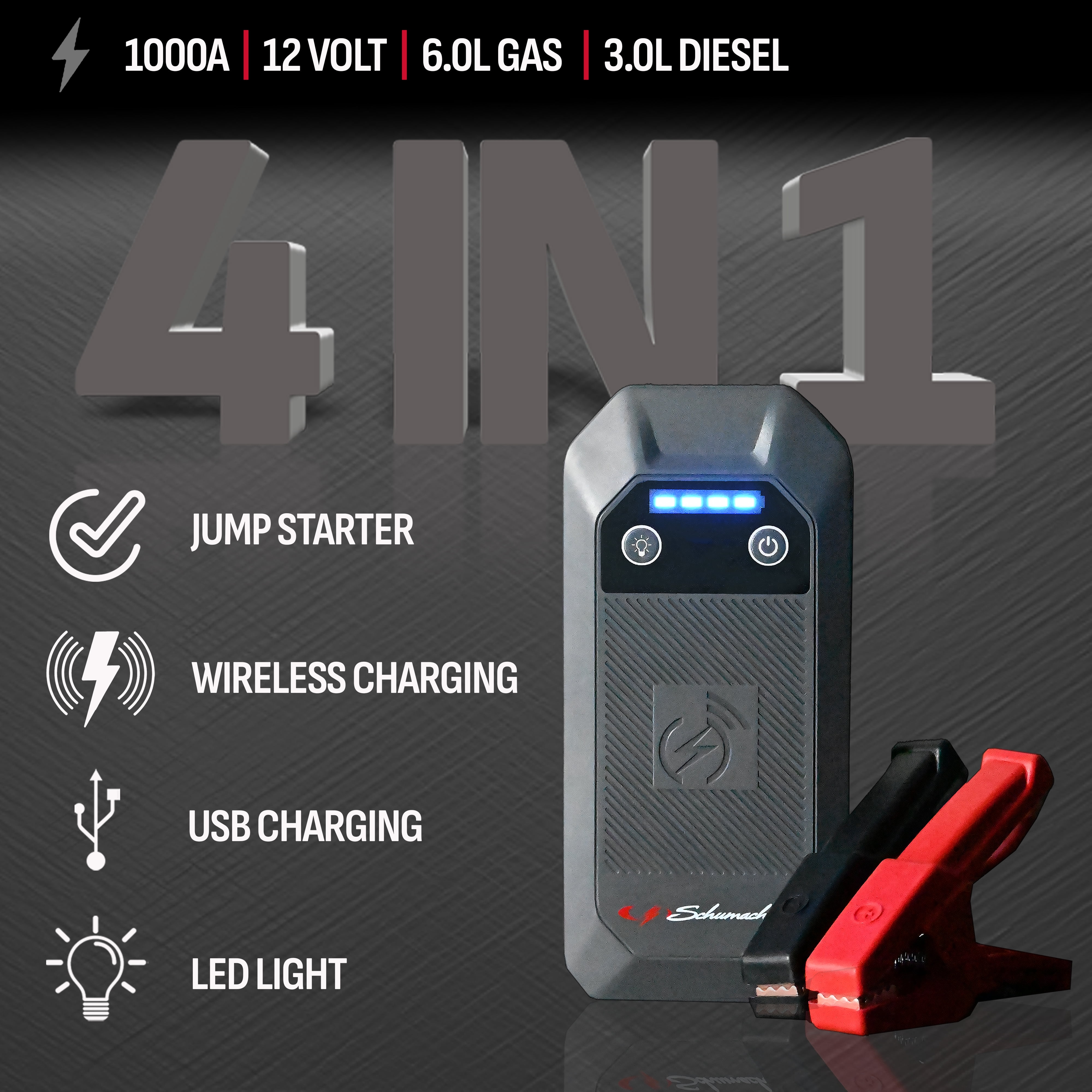 Schumacher Electric Lithium Jump Starter and Portable Power Pack SL1672, 4-in-1, 1000A, 12V, 10 Watt Wireless and 3A USB charging- works on cars, trucks, motorcycles, marine batteries, SUVs, and more