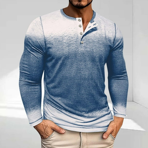 Blusas y camisas de manga larga con cuello redondo y degradado para hombre, blusas casuales con botones y cuello redondo, blusas de poliéster para hombre