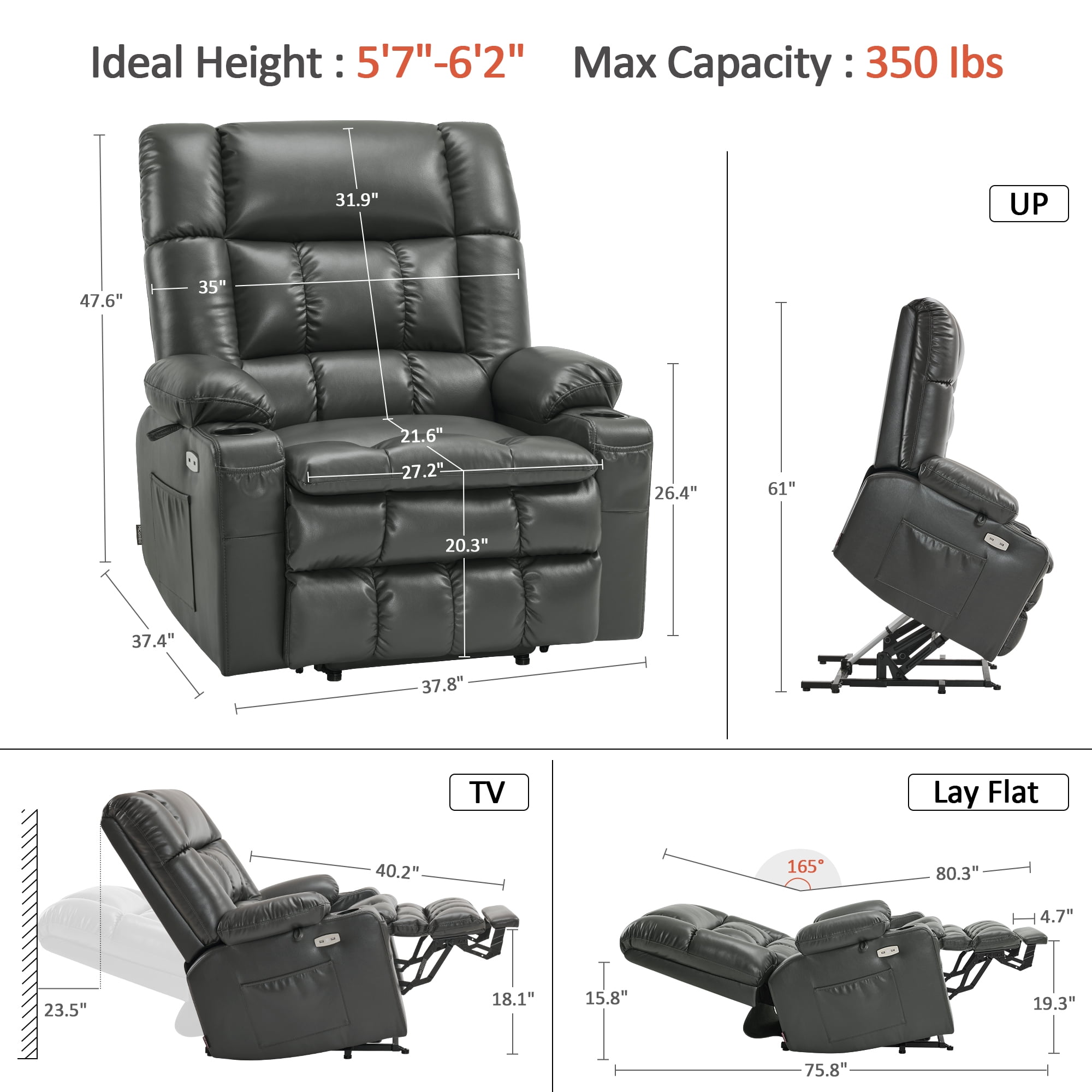 MCombo Large Dual Motor Power Lift Recliner Chair Sofa with Massage and Heat for Big Elderly People, Infinite Position, USB Ports, Faux Leather R7891 (Grey, Large-Wide)