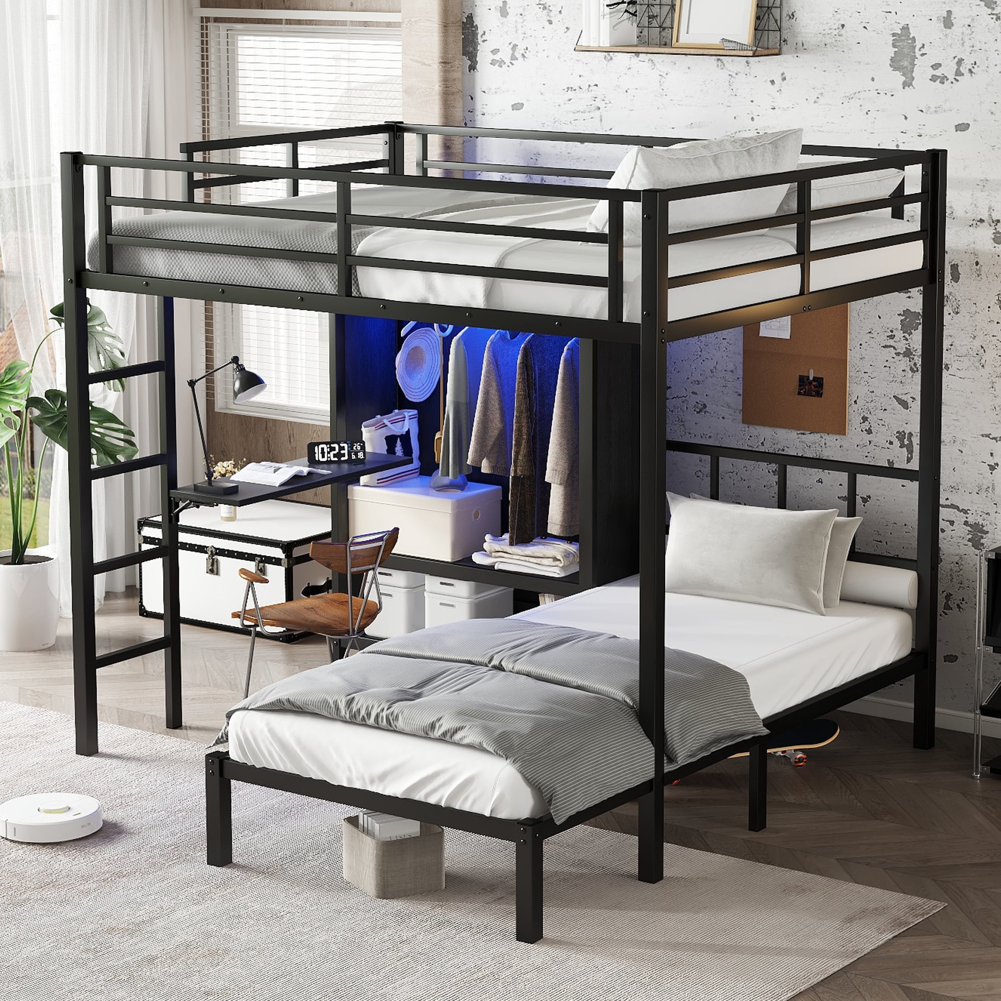 Full XL Over Twin Bunk Bed, Metal Bunk Bed Frame with Folding Desk, Closet with LED,Space-Saving/Noise Reduced, Black