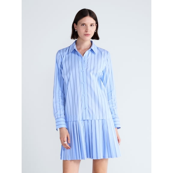 Free Assembly Women's and Women's Plus Striped Drop Waist Shirtdress with Long Sleeves, Sizes XS-4X