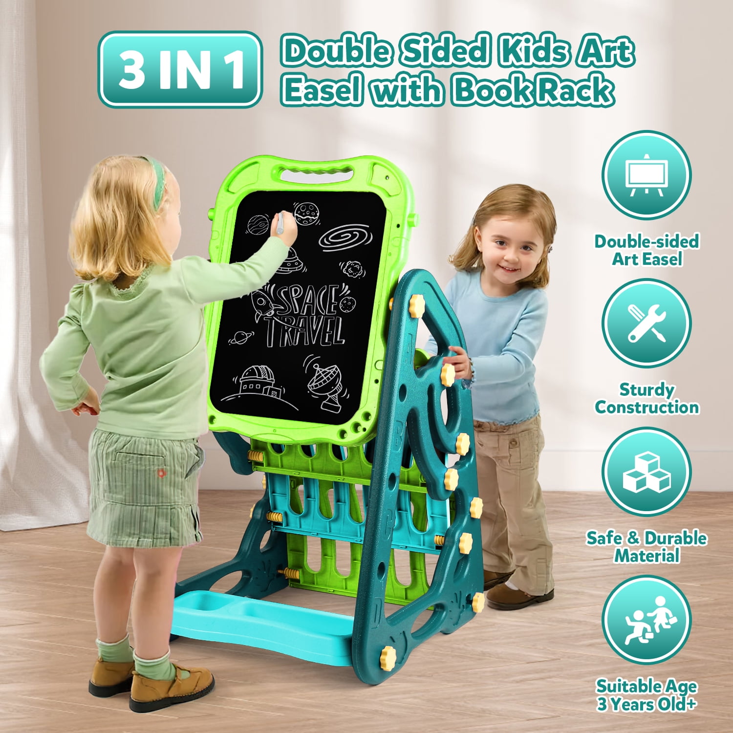 UUSUOO Easel for Kids,Double Sided Art Easel with Magnetic White Board & Chalk Board,Adjustable Standing Kids Easel with Painting Accessories,Christmas Gift for Boys Girls Age 2-6,Green