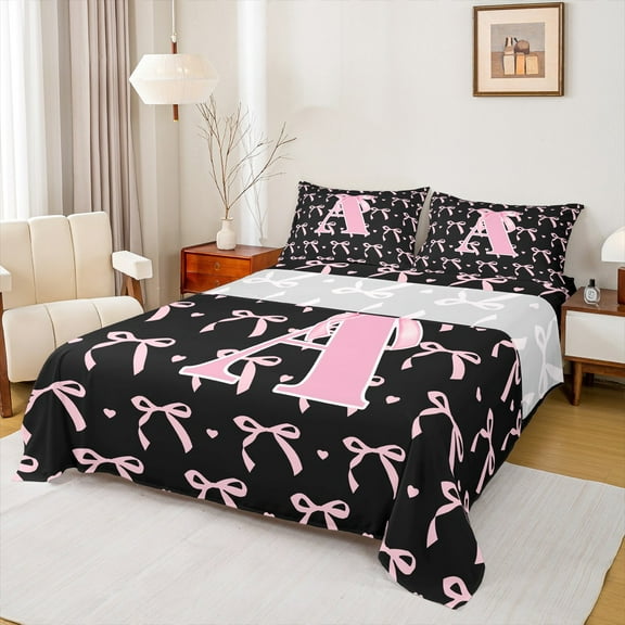 jejeloiu Monogrammed A Twin Sheet Sets,Cute Bow Bowtie Twin Fitted Sheet,Pink Black Flat Sheet,Microfiber Room Decorative,3-Piece