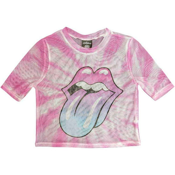 The Rolling Stones Ladies Crop Top: Pink Gradient Tongue (Mesh) (Medium)