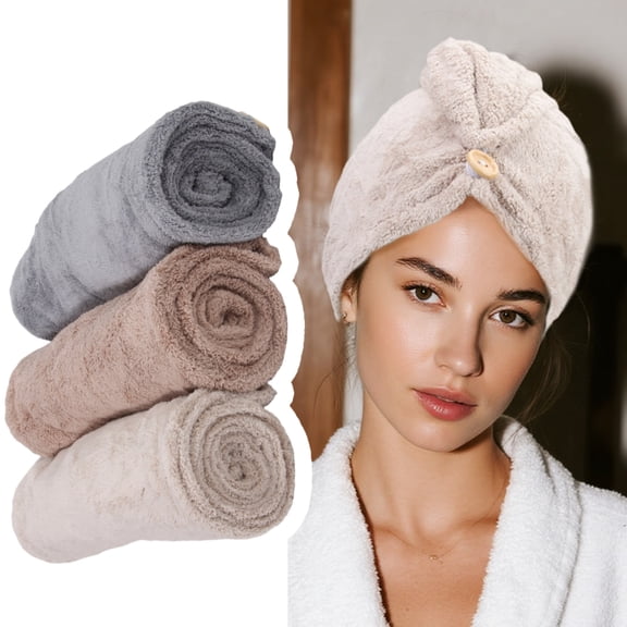 Qianfeng 3 Pack Hair Towels, Absorbent Microfiber Bath Towels with Button for Women Girls