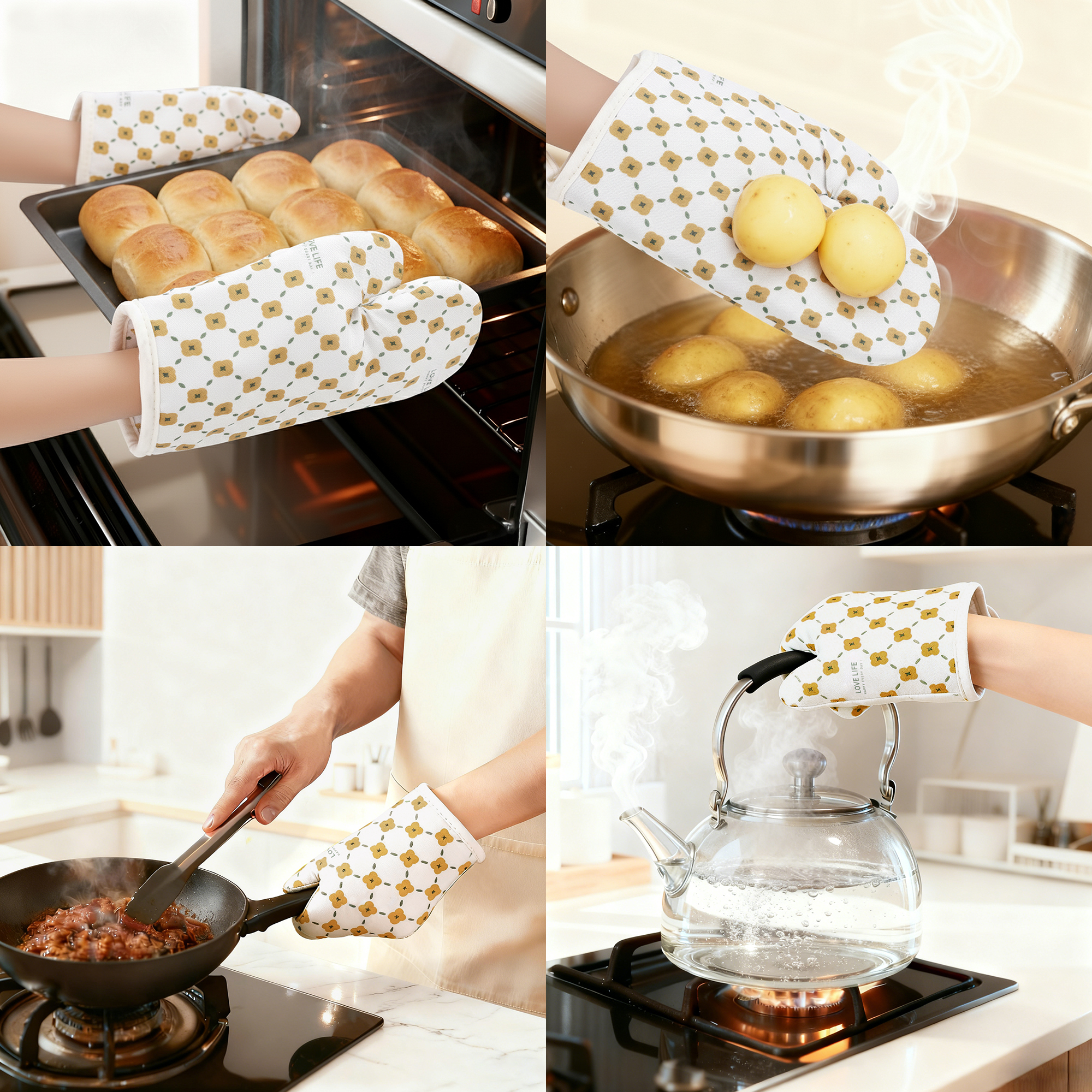 Unique Bargains Soft Floral Heat-Resistant Oven Mitts Cooking Gloves White/Yellow