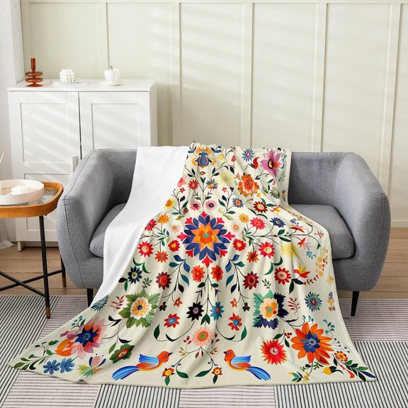 Boho Floral Throw Blanket for Couch Soft Lightweight Fleece Blanket with Birds and Flowers Pattern