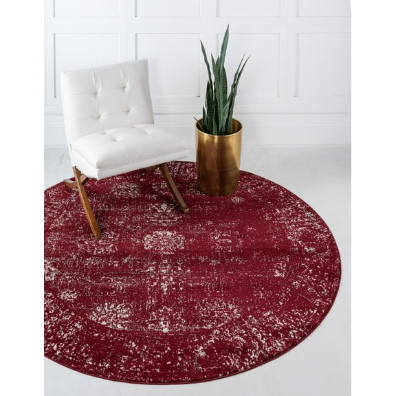 Rugs.com Monte Carlo Collection Rug – 5' Round Burgundy Medium Rug Perfect For Kitchens, Dining Rooms