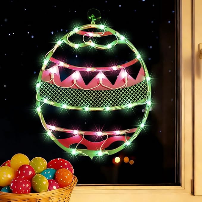 17 Inch Lighted Easter Egg Window Silhouette, Green Base with Pink Chevron Stripes