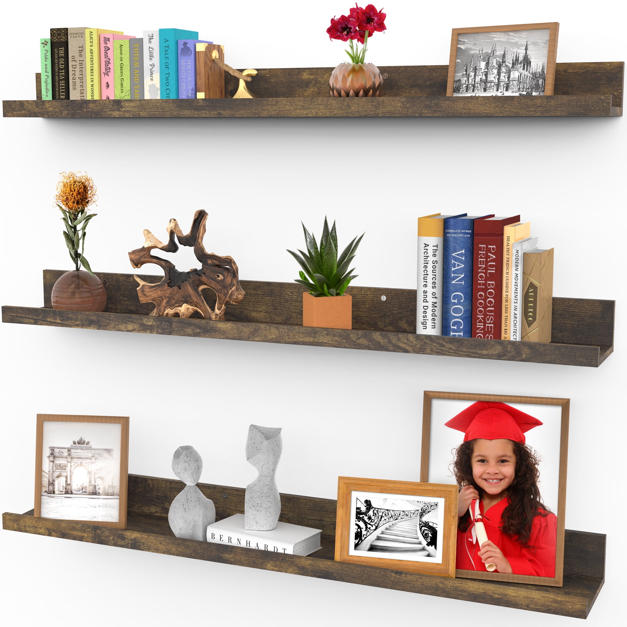 Wall Ledge Floating Shelf Decorative Book Display Home Decor Espresso Set of 3 