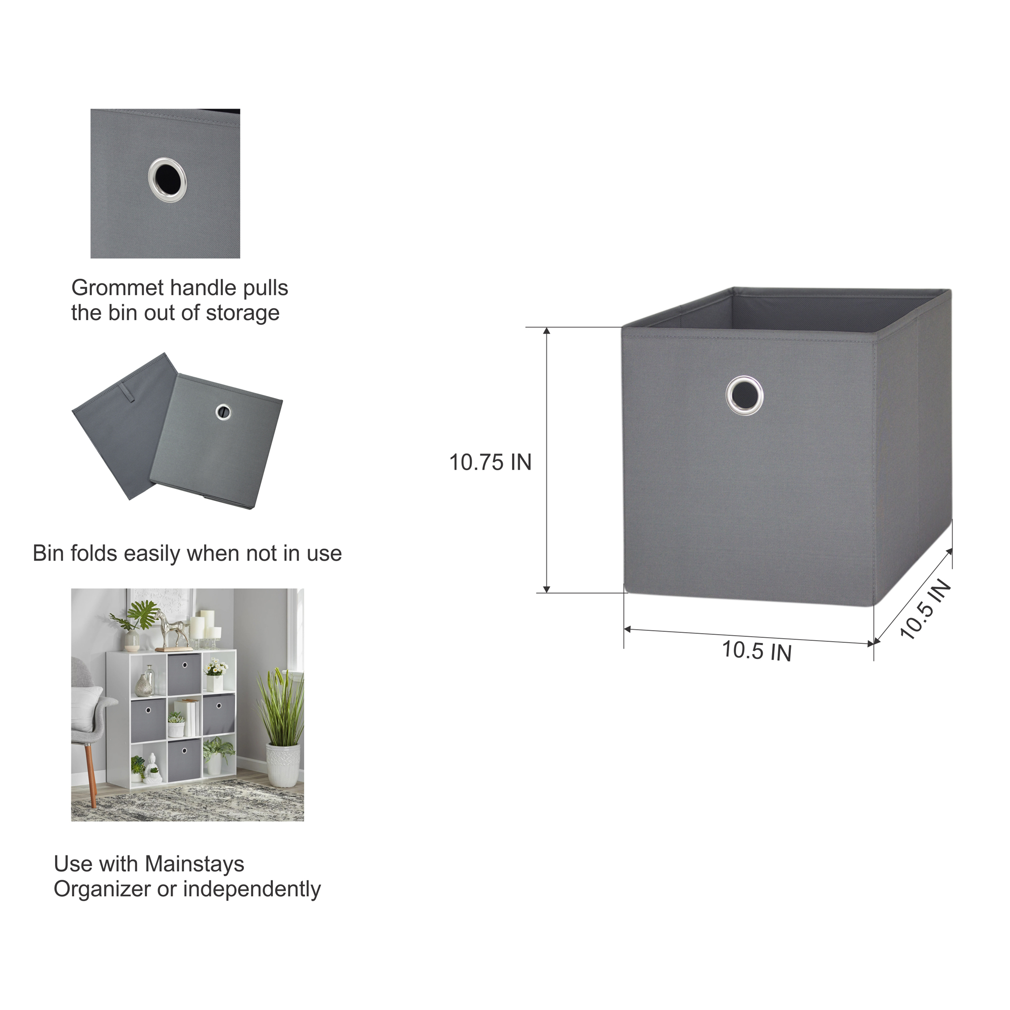 Mainstays Collapsible Fabric Cube Storage Bins (10.5" x 10.5"), 4 pack, Grey Flannel - image 3 of 6