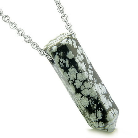Lucky Crystal Horn - Amulet Lucky Crystal Point Wand Snowflake Obsidian Bullet Shape Pendant 18 Inch Necklace