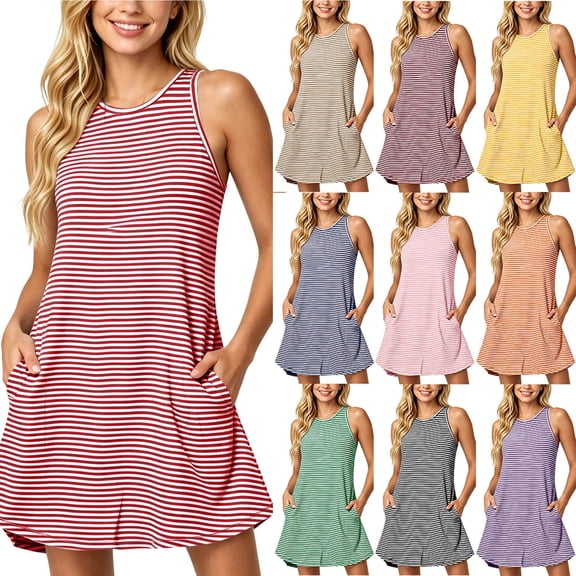 Favoffer Pocket Tank Dress for Women Printed Round-Neck Sleeveless Casual Lightweight Breathable Summer 2026 Daily Casual Everyday
