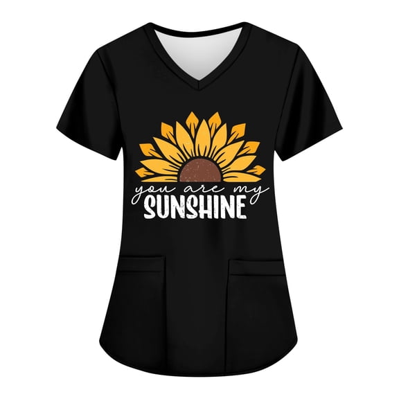 HAVUITYY Sunflower Scrubs for Women, Floral Printed V-Neck Stretch Scrub Tops, Plus Size Fashion Work Uniform with Pockets