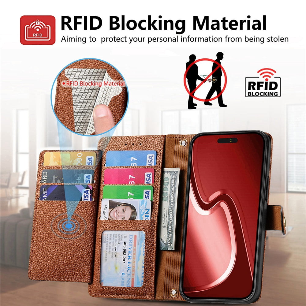 For iPhone 16 Pro Leather Phone Case Wallet Zipper Pocket Pouch Folio Flip Cover Kickstand, Multi Anti-theft Card Holder Cash Slot, Double Magnetic Buckle, Wrist Lanyard,Brown,For iPhone 16 Pro