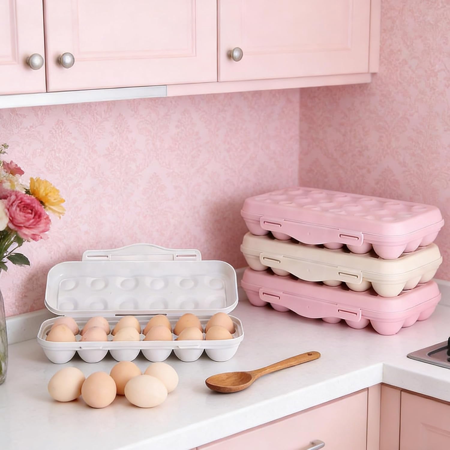ABPETE Large Capacity Outdoor Egg Holder, Plastic Egg Fresh Carrier Egg Storage Container Organizer Box for Fridge, Stackable Egg Holder for Refrigerator Picnic Hiking Travel, 12 Eggs Tray Pink