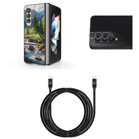 Accessory Bundle for Galaxy Z Fold 4: Slim Snap-On Case (Bear River), Rear Camera Glass Protector, Nylon Braided USB-C to USB-C Cable (4 Feet)