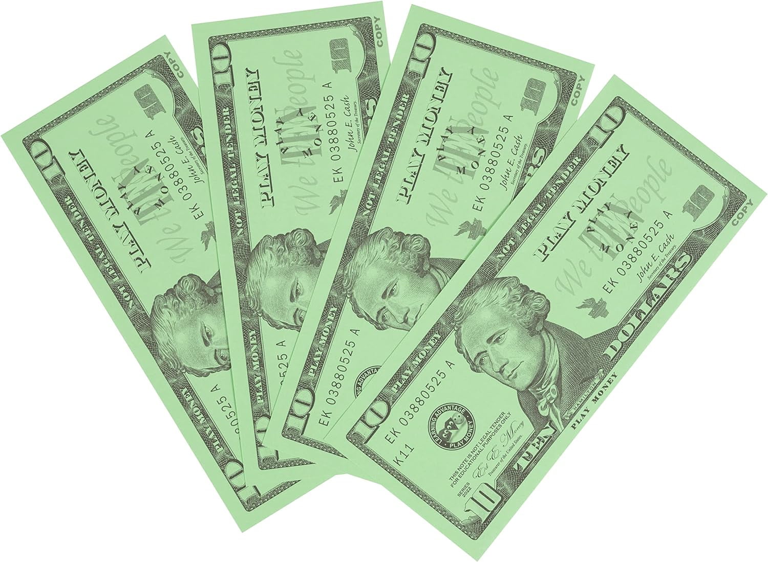 LEARNING ADVANTAGE Ten Dollar Play Bills - Set of 100 $10 Paper Bills - Designed and Sized Like Real US Currency - Teach Currency, Counting and Math with Play Money